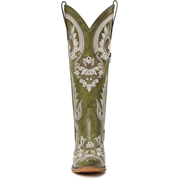 Women's Green Embroidered Rhinestones Knee High Pointed Toe Cowgirl Boots - Picture 4 of 6
